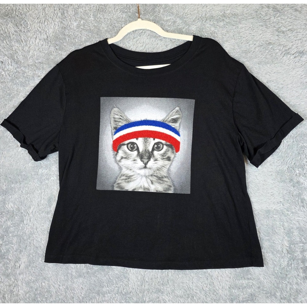 Zoe + Liv Black Cat Graphic Tee Shirt Textured 3D Chenille Headband Plus Sz XXL - Picture 1 of 6